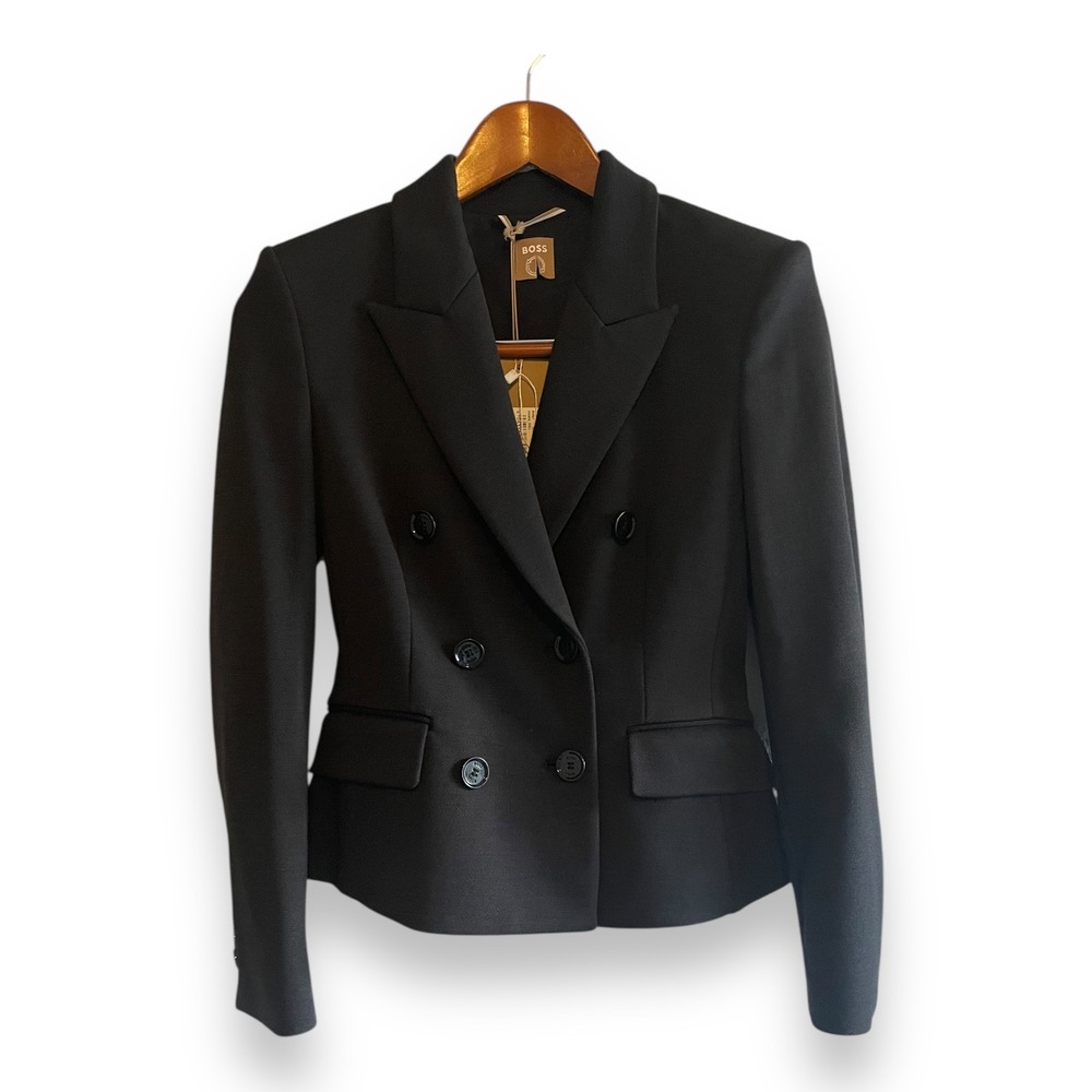 Hugo Boss Jocalia Black Double Breasted Blazer Peak Virgin Wool Blend Sz 0P NWT